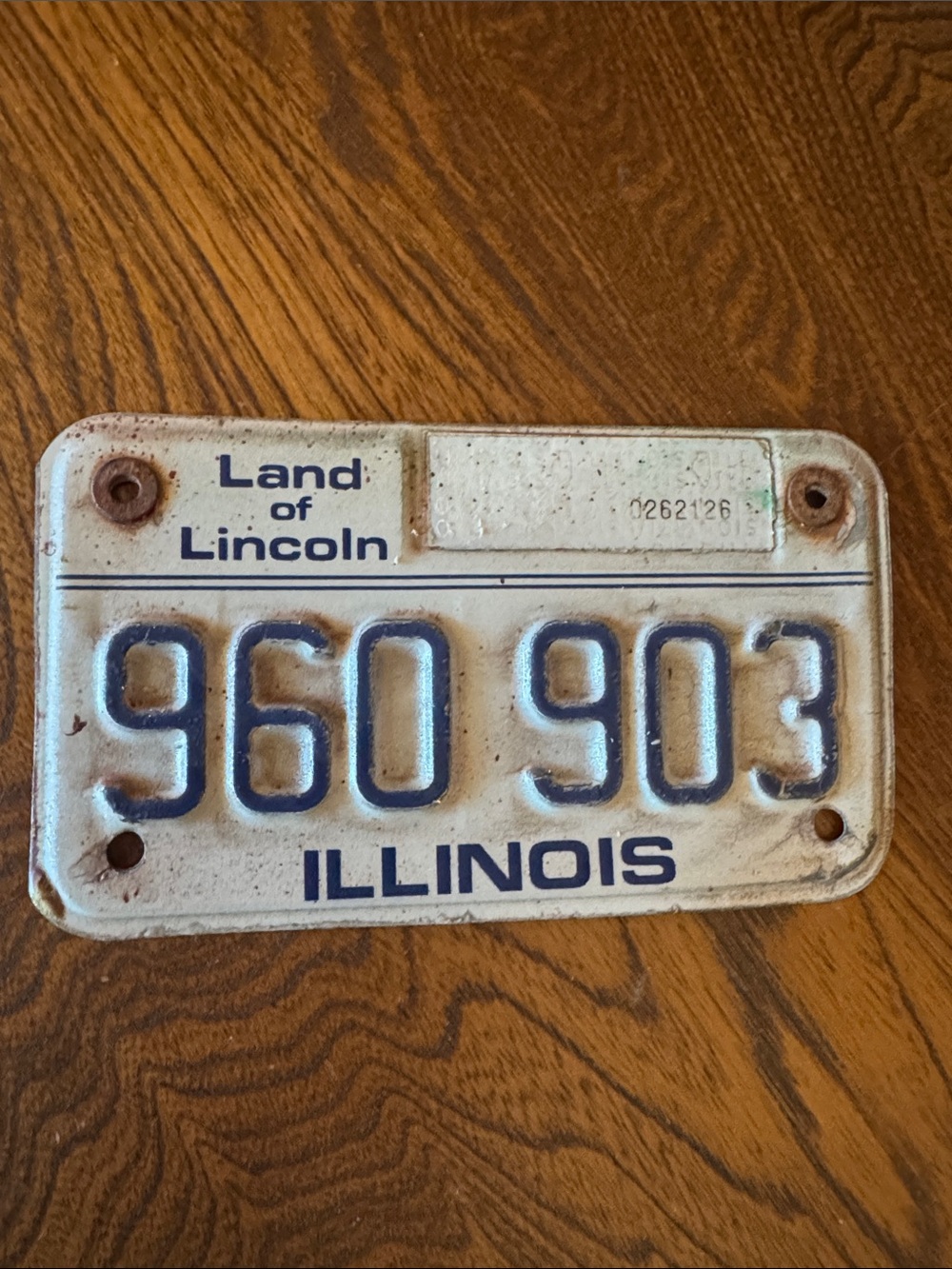 Vintage Illinois Land of Lincoln steel Motorcycle License Plate White and Blue